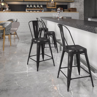 Commercial Grade 24" High Distressed Metal Indoor-Outdoor Counter Height Stool with Back - View 2