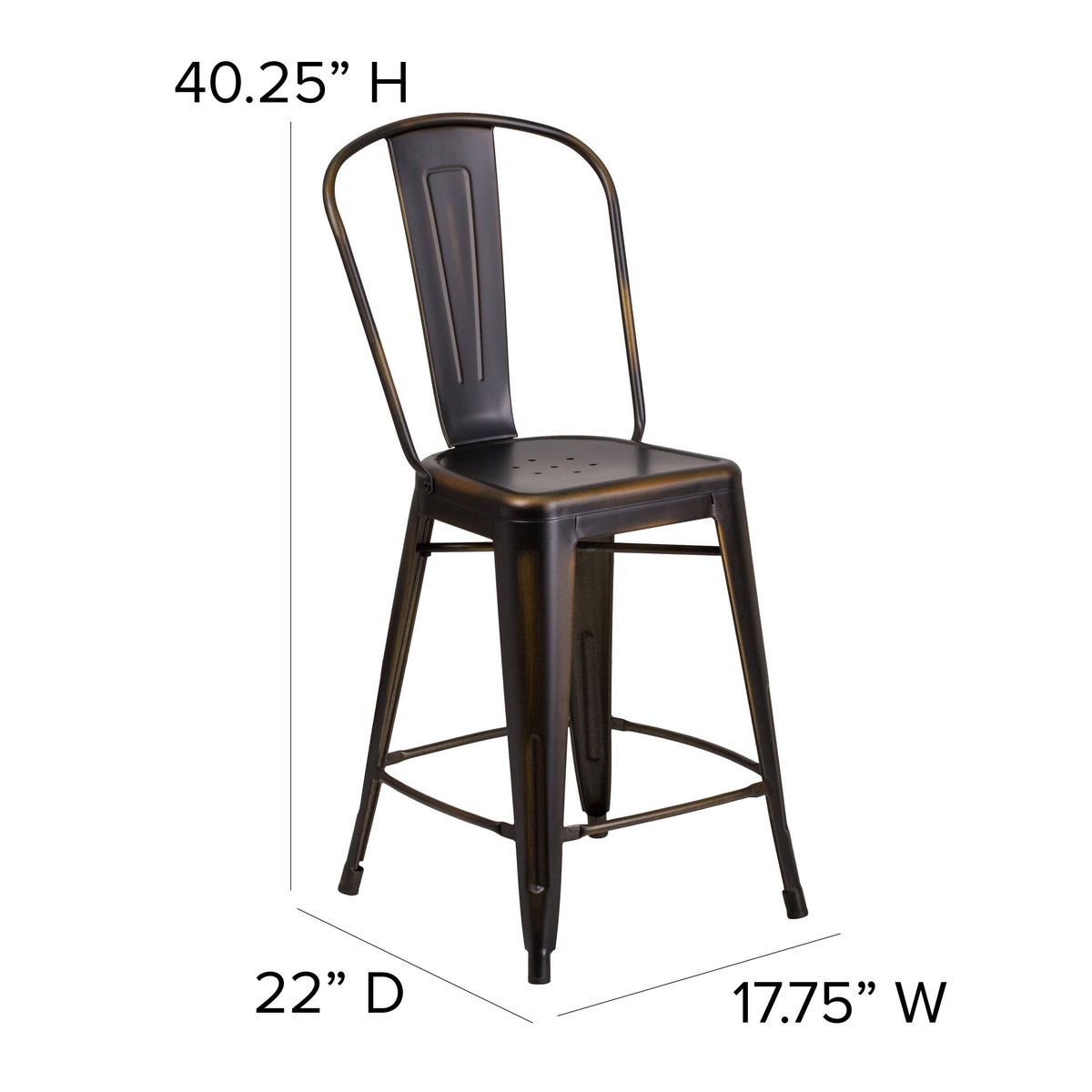 Copper |#| 24inch High Distressed Copper Metal Indoor-Outdoor Counter Height Stool with Back