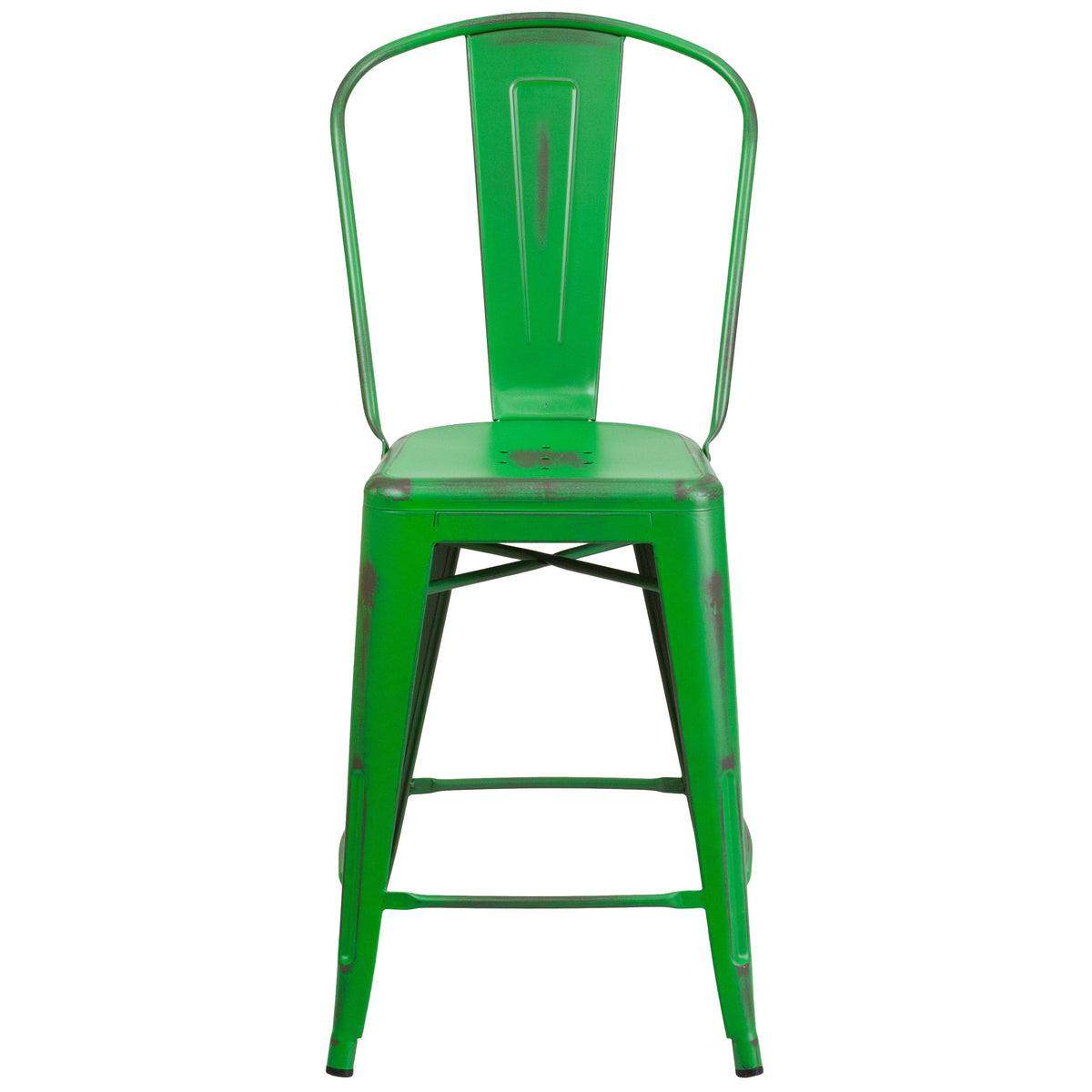 Green |#| 24inch High Distressed Green Metal Indoor-Outdoor Counter Height Stool with Back