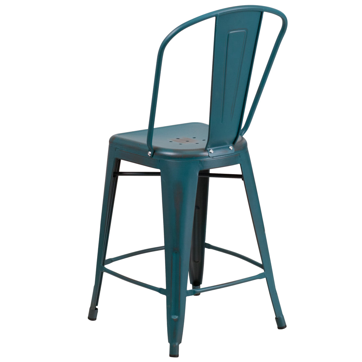 Kelly Blue-Teal |#| 24inch High Distressed Blue-Teal Metal Indoor-Outdoor Counter Height Stool w/ Back