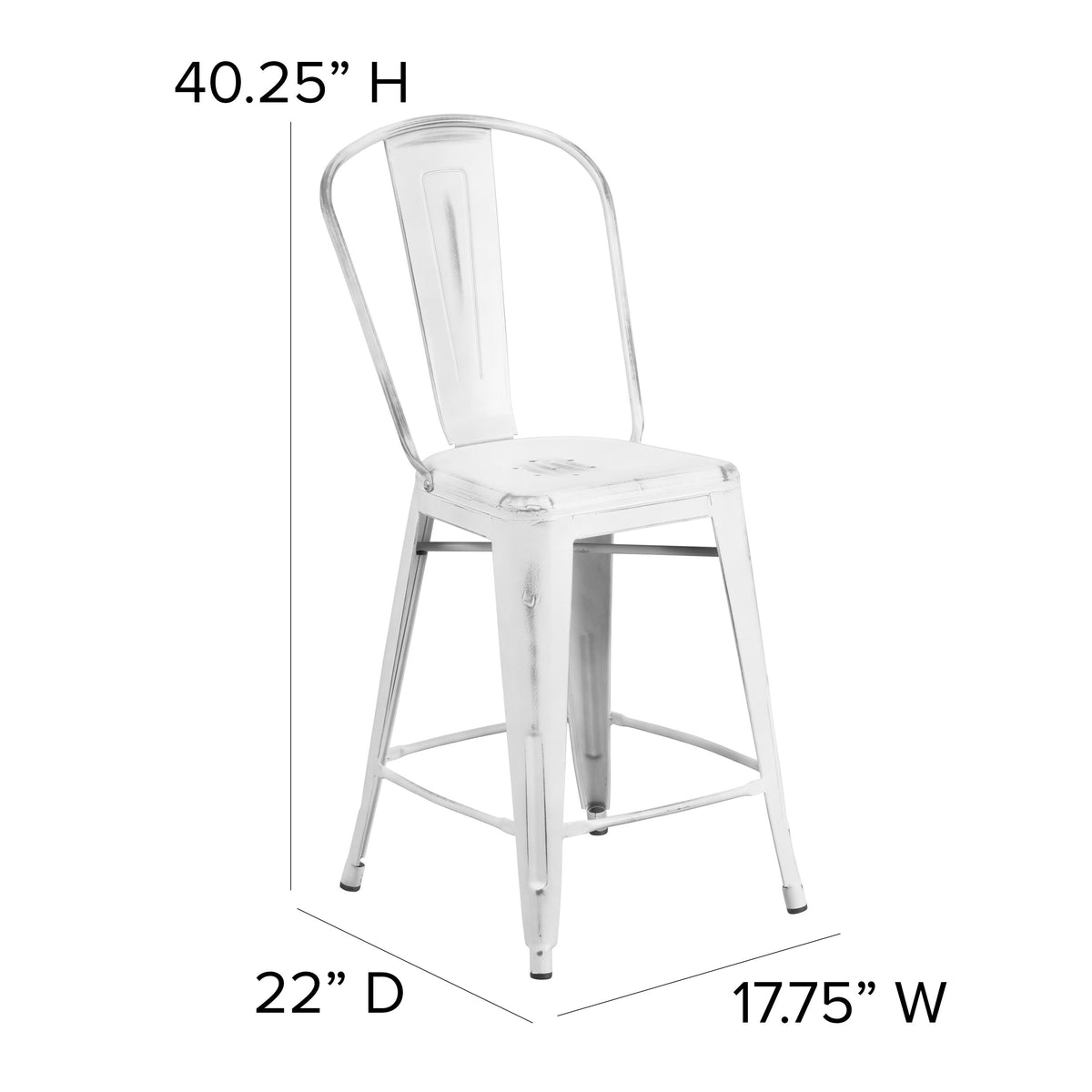 White |#| 24inch High Distressed White Metal Indoor-Outdoor Counter Height Stool with Back
