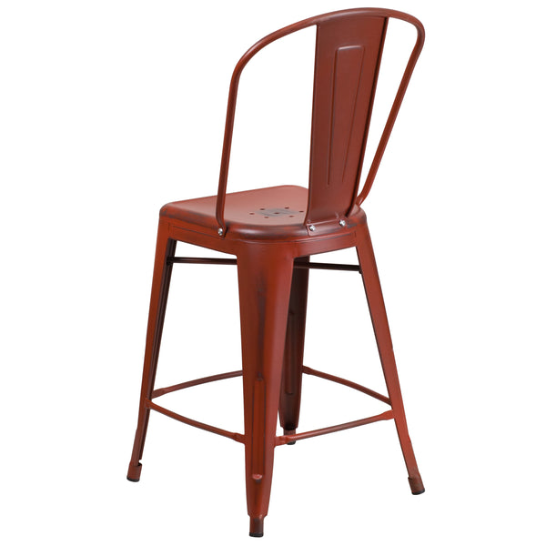 Kelly Red |#| 24inch High Distressed Kelly Red Metal Indoor-Outdoor Counter Height Stool w/ Back