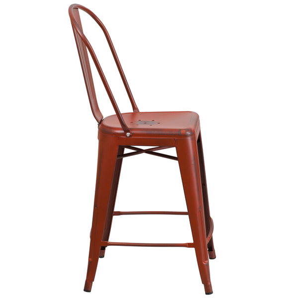 Kelly Red |#| 24inch High Distressed Kelly Red Metal Indoor-Outdoor Counter Height Stool w/ Back