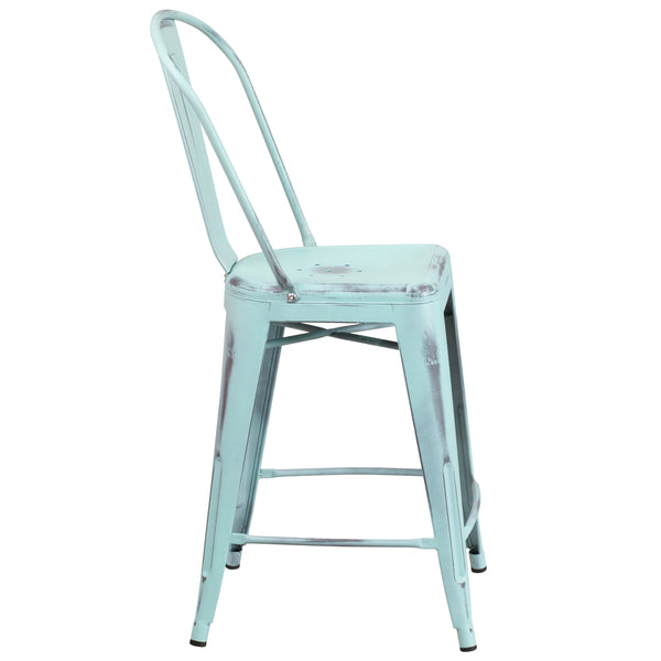 Green-Blue |#| 24inch High Distressed Green-Blue Metal Indoor-Outdoor Counter Height Stool w/Back