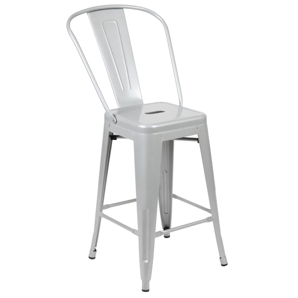 Silver |#| 24inch High Silver Metal Indoor-Outdoor Counter Height Stool with Back