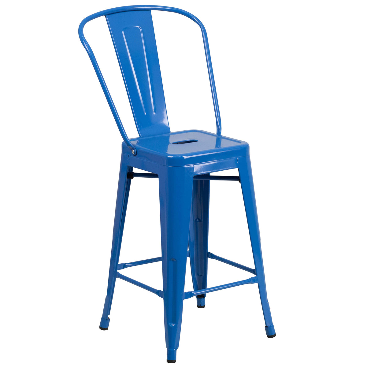 Blue |#| 24inch High Blue Metal Indoor-Outdoor Counter Height Stool with Back