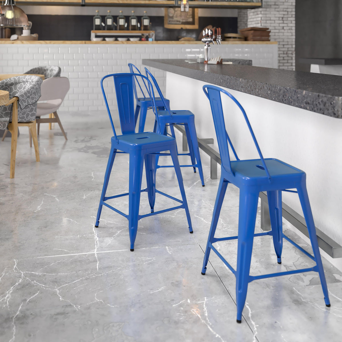 Blue |#| 24inch High Blue Metal Indoor-Outdoor Counter Height Stool with Back