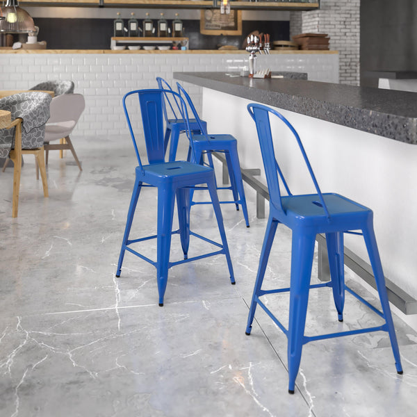 Blue |#| 24inch High Blue Metal Indoor-Outdoor Counter Height Stool with Back