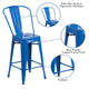 Blue |#| 24inch High Blue Metal Indoor-Outdoor Counter Height Stool with Back