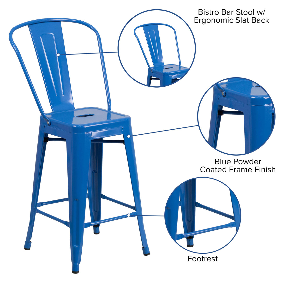 Blue |#| 24inch High Blue Metal Indoor-Outdoor Counter Height Stool with Back