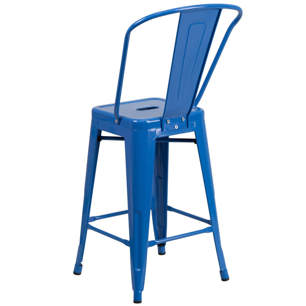 Blue |#| 24inch High Blue Metal Indoor-Outdoor Counter Height Stool with Back