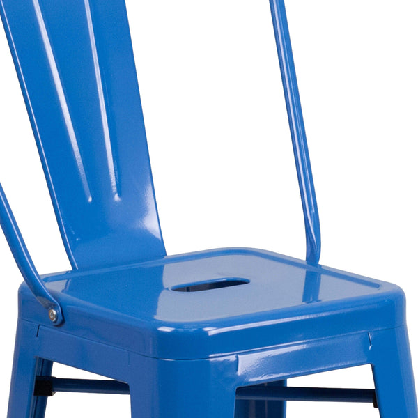 Blue |#| 24inch High Blue Metal Indoor-Outdoor Counter Height Stool with Back