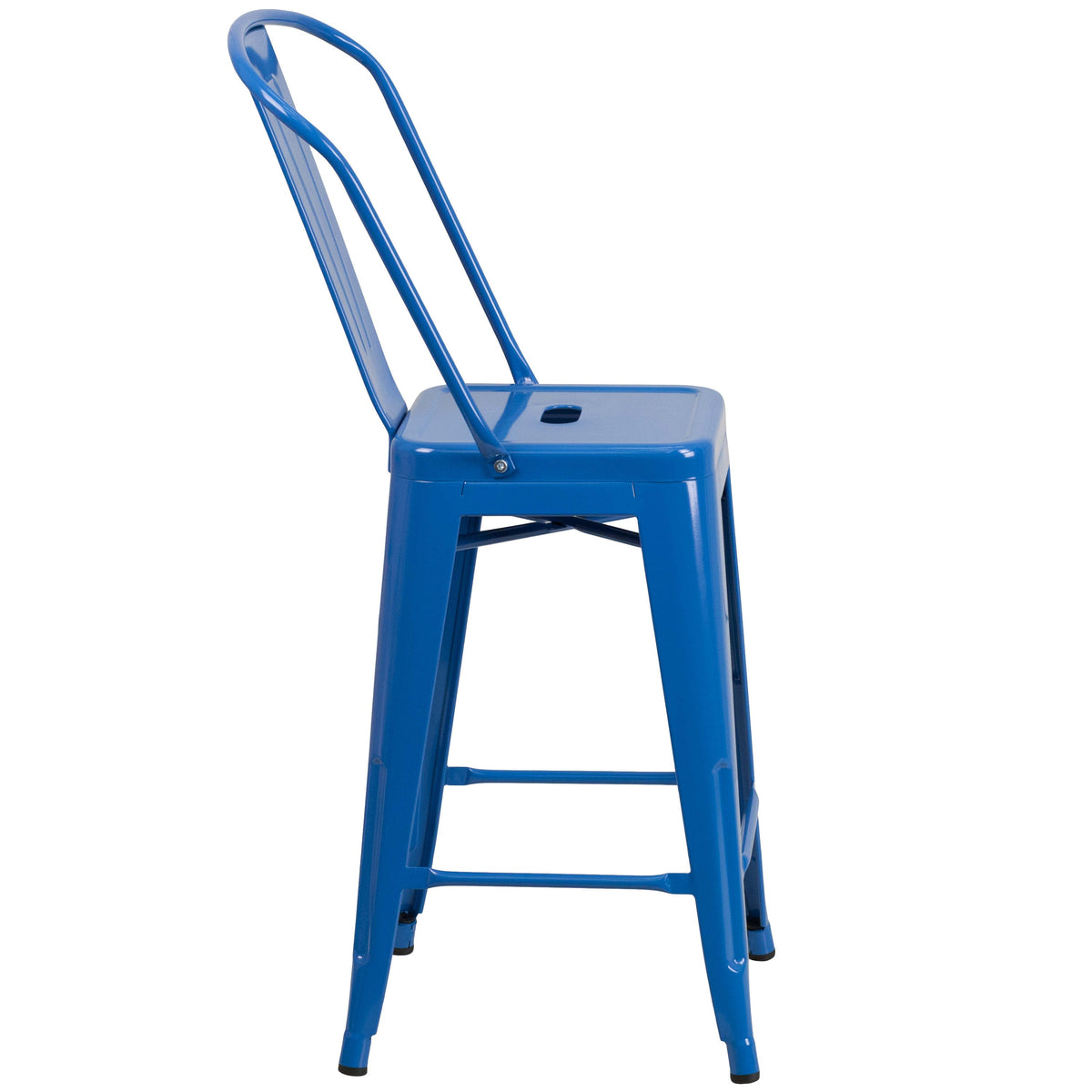 Blue |#| 24inch High Blue Metal Indoor-Outdoor Counter Height Stool with Back