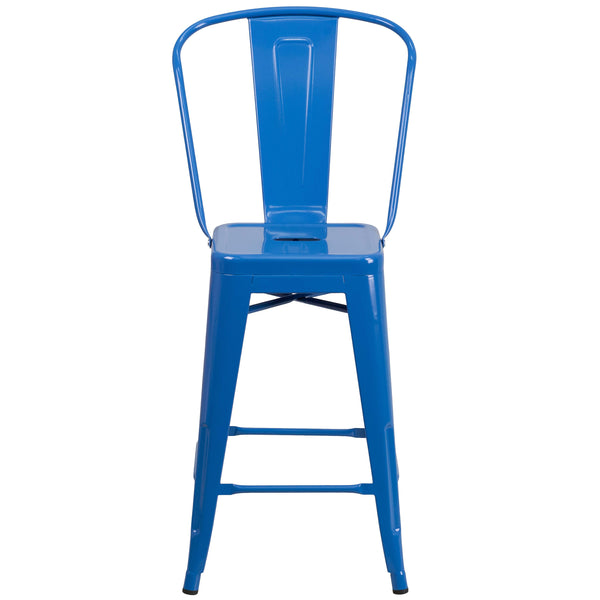 Blue |#| 24inch High Blue Metal Indoor-Outdoor Counter Height Stool with Back