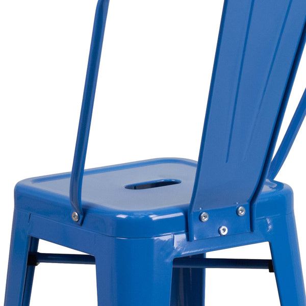 Blue |#| 24inch High Blue Metal Indoor-Outdoor Counter Height Stool with Back