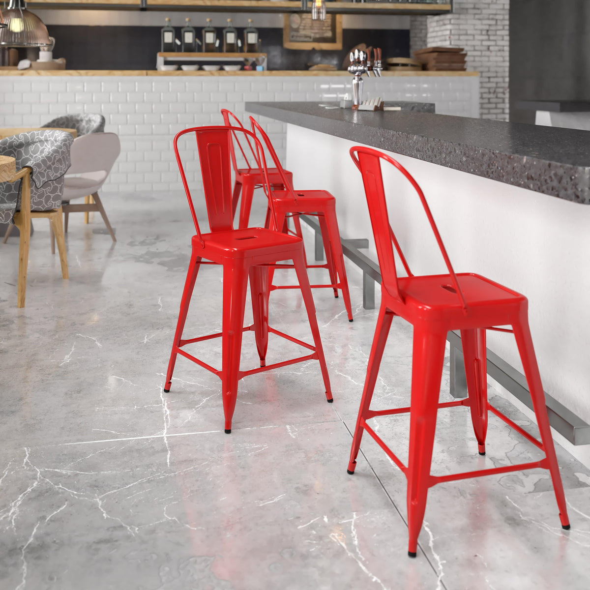 Red |#| 24inch High Red Metal Indoor-Outdoor Counter Height Stool with Back