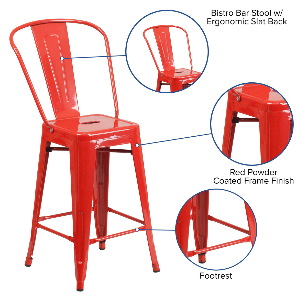 Red |#| 24inch High Red Metal Indoor-Outdoor Counter Height Stool with Back