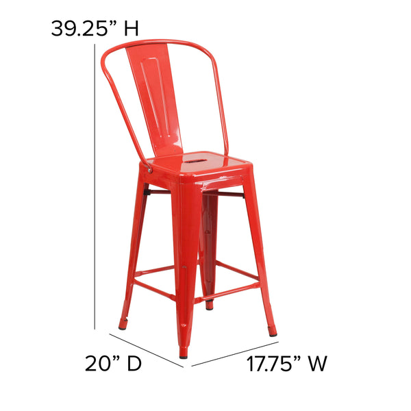 Red |#| 24inch High Red Metal Indoor-Outdoor Counter Height Stool with Back