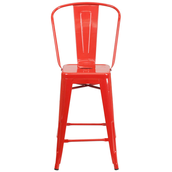 Red |#| 24inch High Red Metal Indoor-Outdoor Counter Height Stool with Back