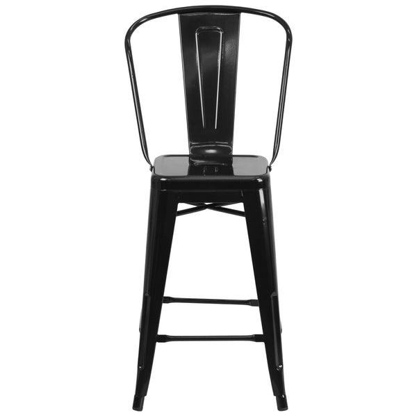 Black |#| 24inch High Black Metal Indoor-Outdoor Counter Height Stool with Back