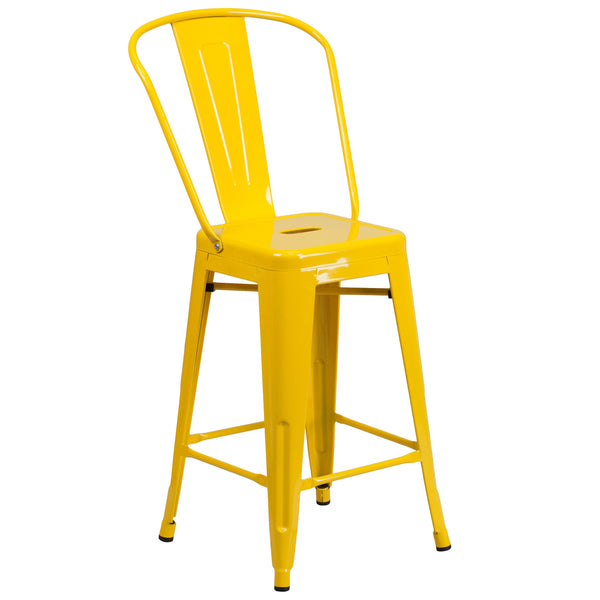 Yellow |#| 24inch High Yellow Metal Indoor-Outdoor Counter Height Stool with Back