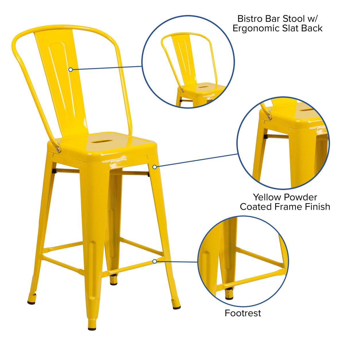 Yellow |#| 24inch High Yellow Metal Indoor-Outdoor Counter Height Stool with Back