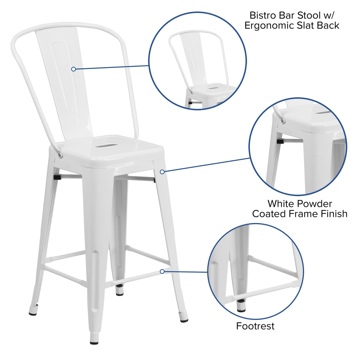 White |#| 24inch High White Metal Indoor-Outdoor Counter Height Stool with Back