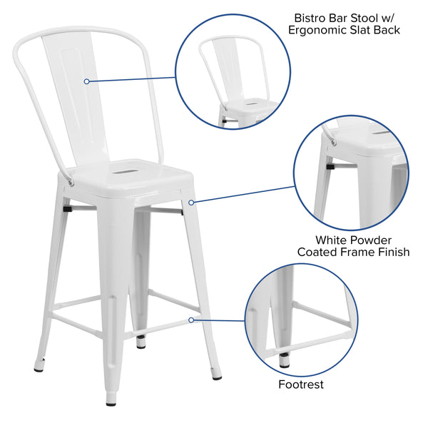 White |#| 24inch High White Metal Indoor-Outdoor Counter Height Stool with Back