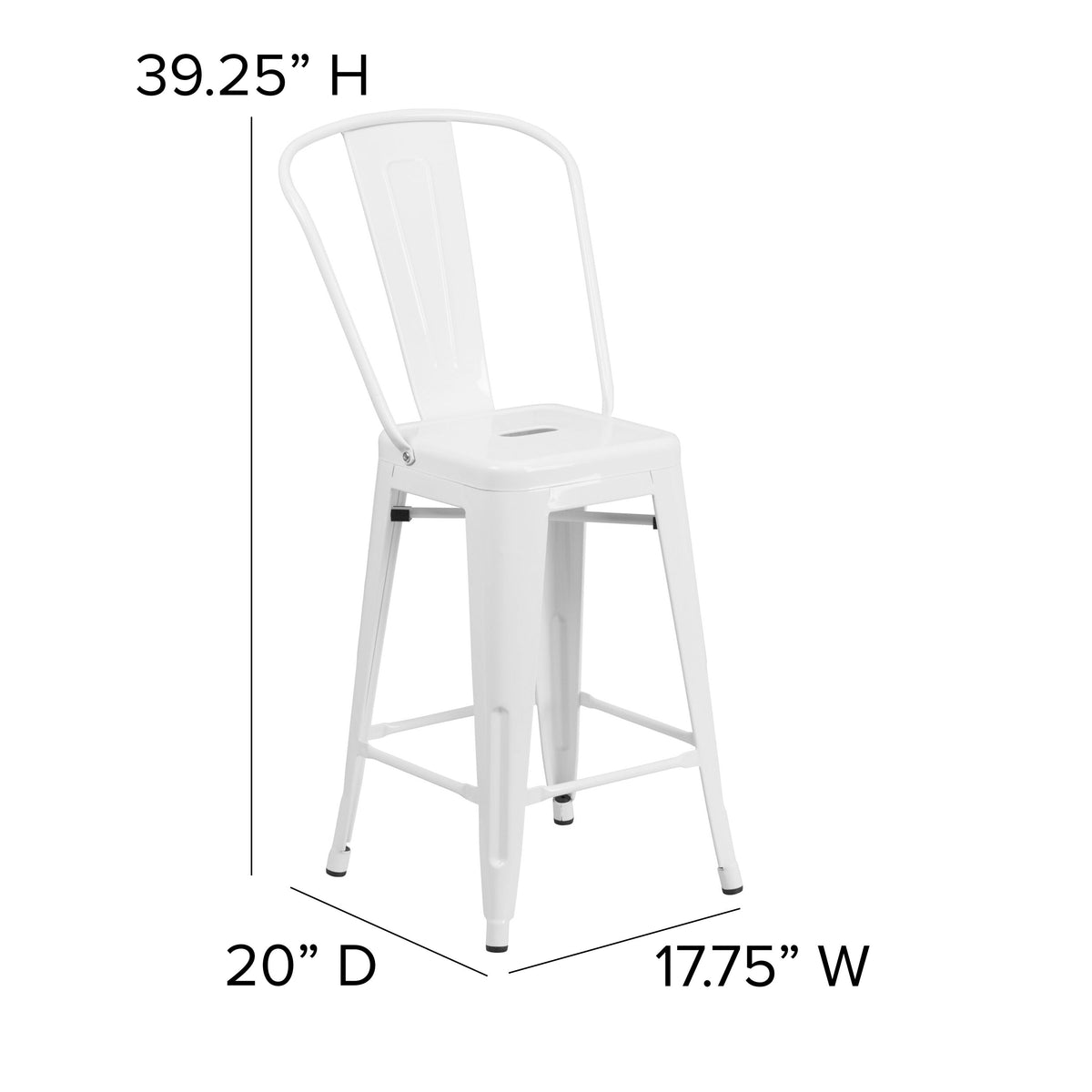 White |#| 24inch High White Metal Indoor-Outdoor Counter Height Stool with Back