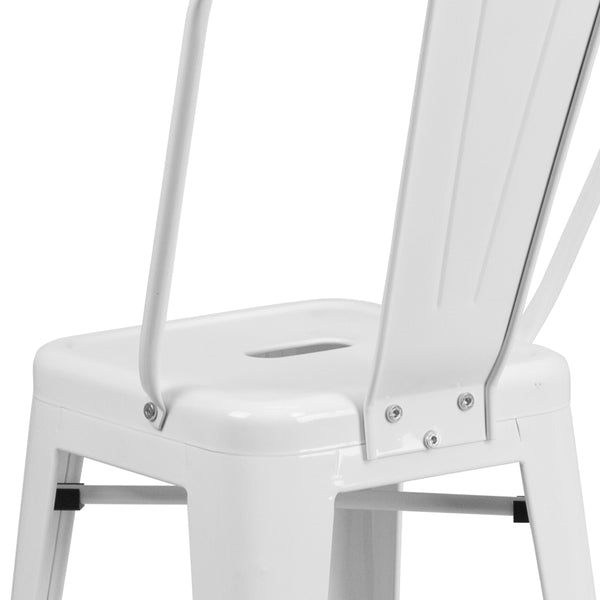 White |#| 24inch High White Metal Indoor-Outdoor Counter Height Stool with Back