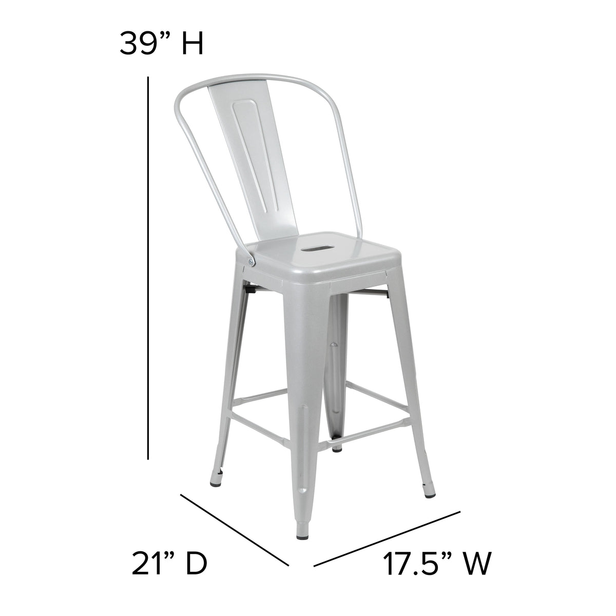 Silver |#| 24inch High Silver Metal Indoor-Outdoor Counter Height Stool with Back