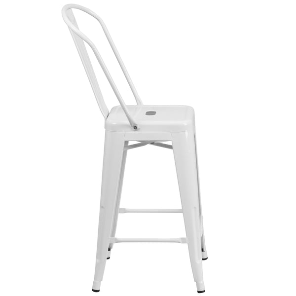 White |#| 24inch High White Metal Indoor-Outdoor Counter Height Stool with Back