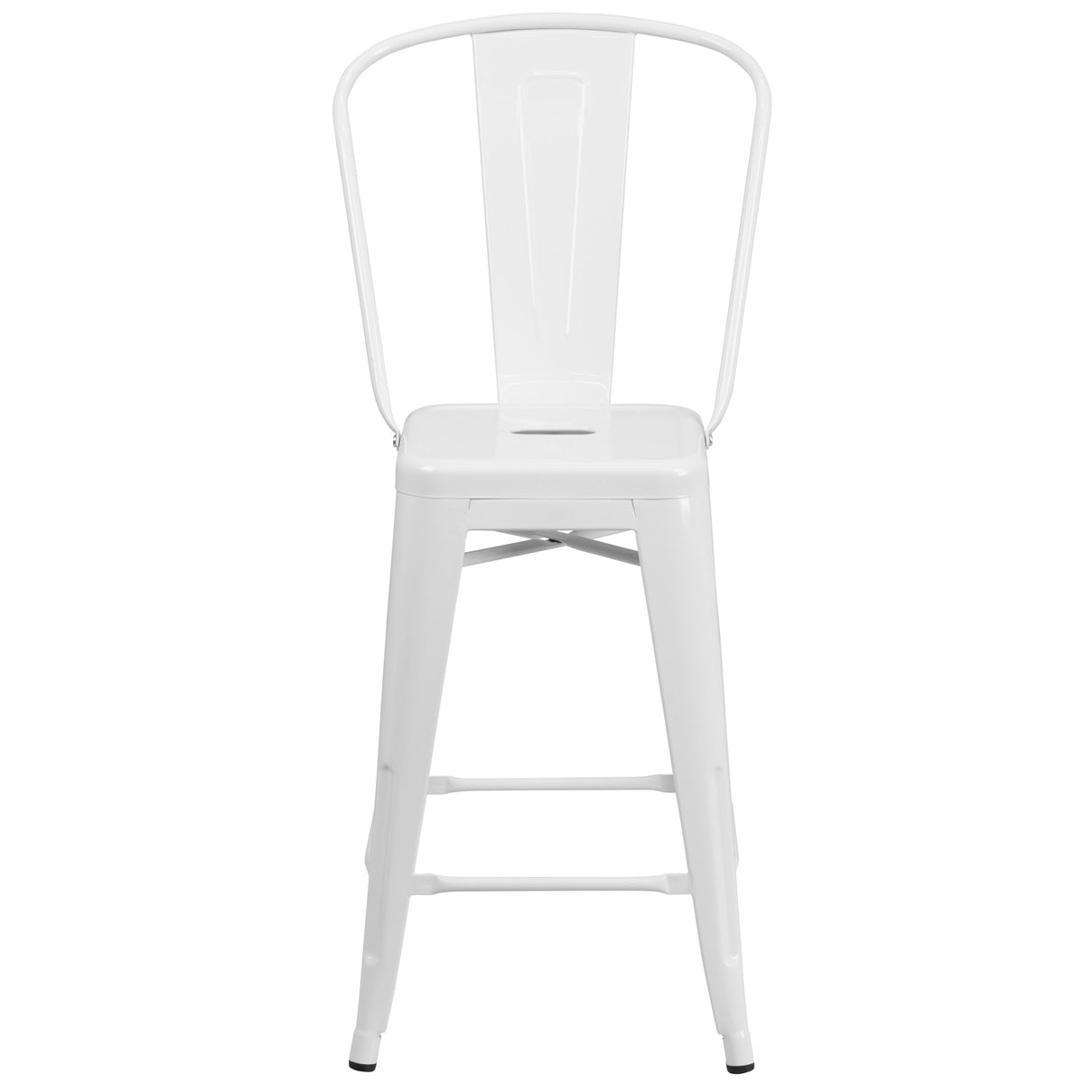 White |#| 24inch High White Metal Indoor-Outdoor Counter Height Stool with Back