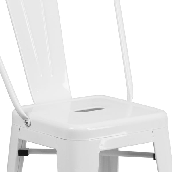 White |#| 24inch High White Metal Indoor-Outdoor Counter Height Stool with Back