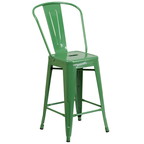 Green |#| 24inch High Green Metal Indoor-Outdoor Counter Height Stool with Back