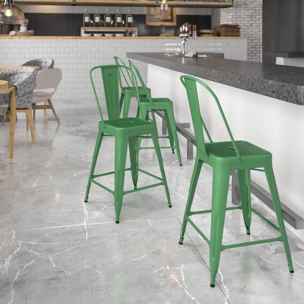 Green |#| 24inch High Green Metal Indoor-Outdoor Counter Height Stool with Back