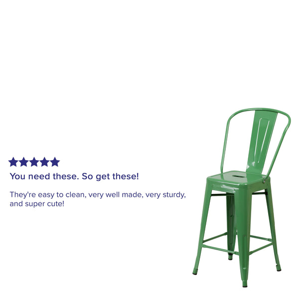 Green |#| 24inch High Green Metal Indoor-Outdoor Counter Height Stool with Back