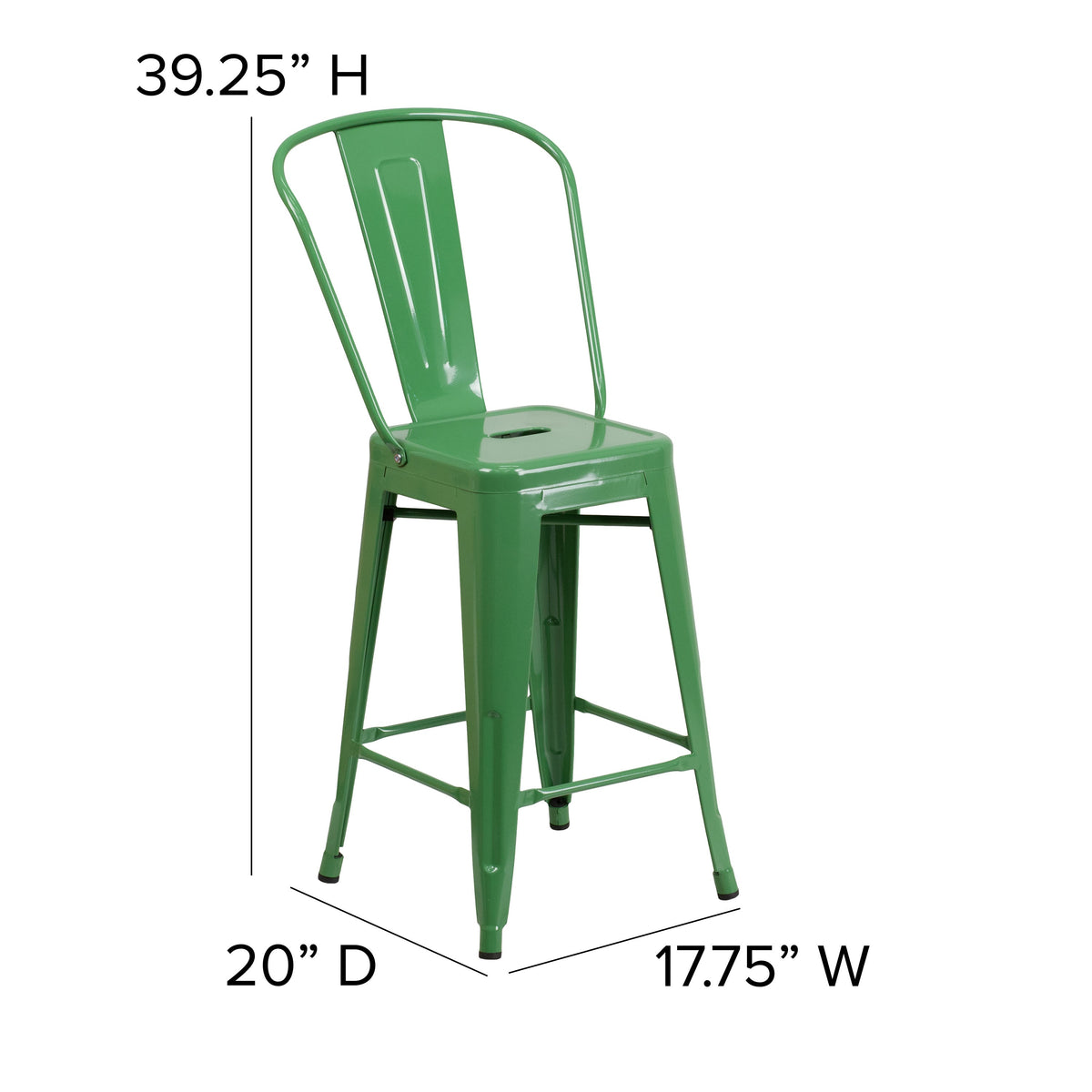 Green |#| 24inch High Green Metal Indoor-Outdoor Counter Height Stool with Back