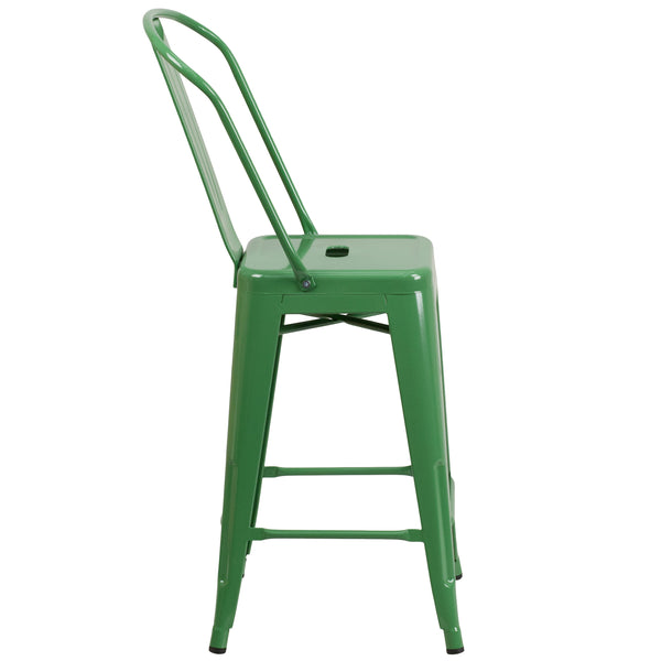 Green |#| 24inch High Green Metal Indoor-Outdoor Counter Height Stool with Back