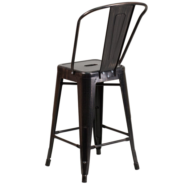 Black-Antique Gold |#| 24inch High Black-Antique Gold Metal Indoor-Outdoor Counter Height Stool with Back