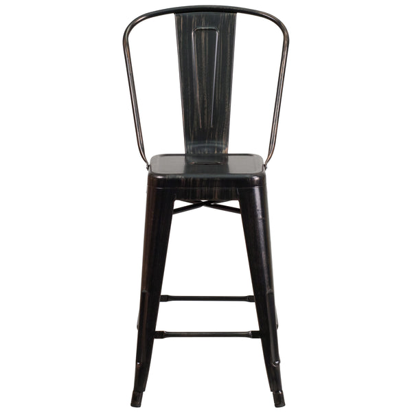 Black-Antique Gold |#| 24inch High Black-Antique Gold Metal Indoor-Outdoor Counter Height Stool with Back