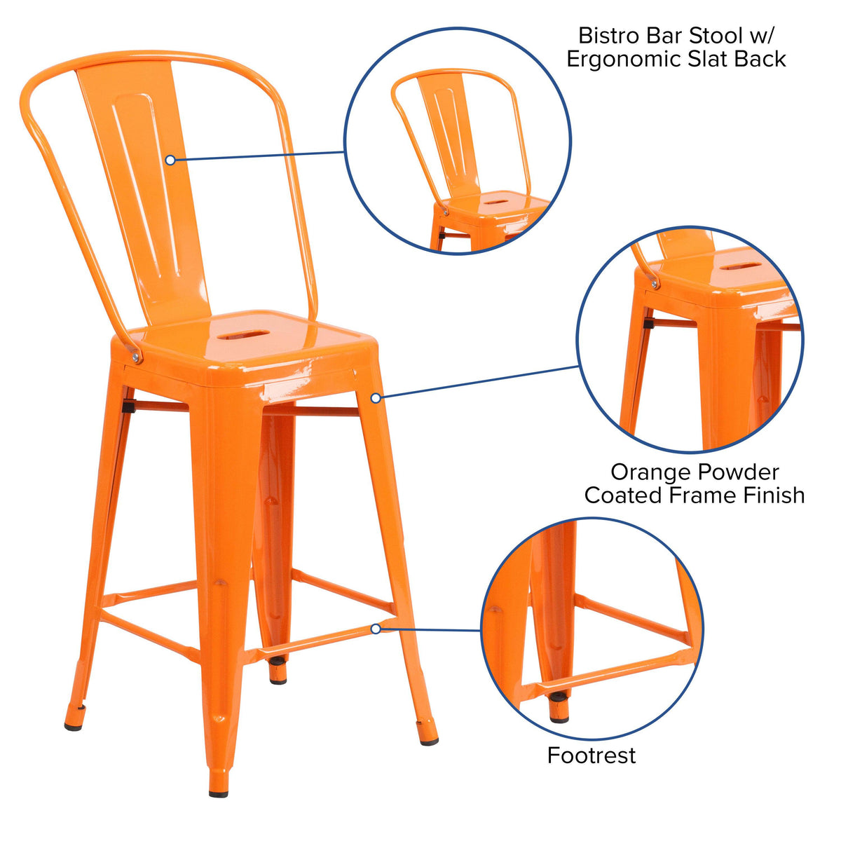 Orange |#| 24inch High Orange Metal Indoor-Outdoor Counter Height Stool with Back
