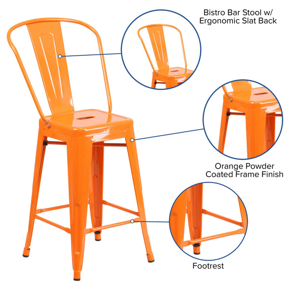 Orange |#| 24inch High Orange Metal Indoor-Outdoor Counter Height Stool with Back