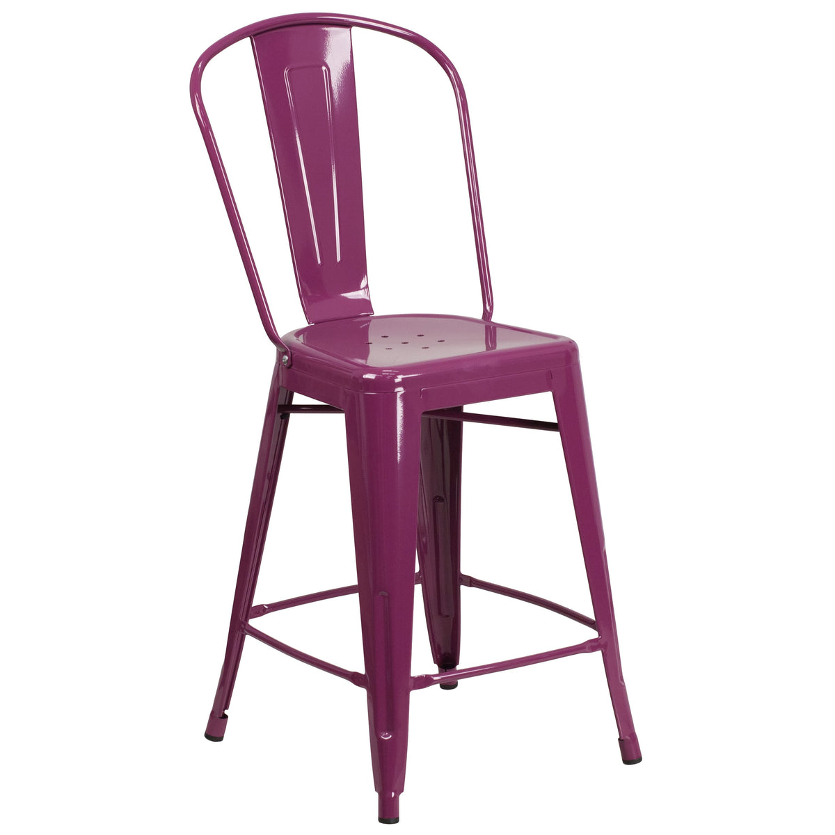 Purple |#| 24inch High Purple Metal Indoor-Outdoor Counter Height Stool with Back