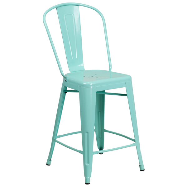 Mint Green |#| 24inch High Mint Green Metal Indoor-Outdoor Counter Height Stool with Back