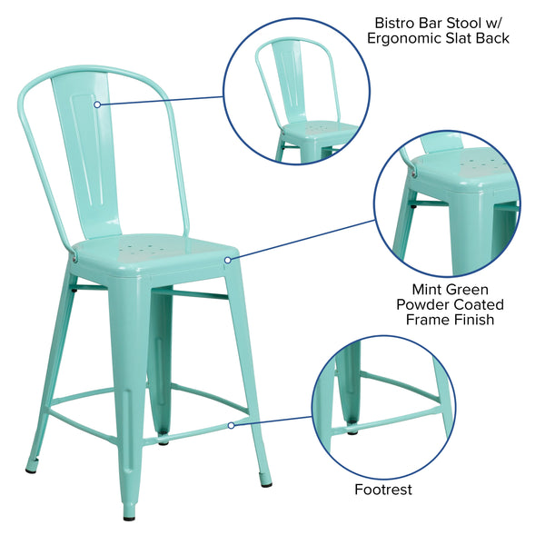 Mint Green |#| 24inch High Mint Green Metal Indoor-Outdoor Counter Height Stool with Back