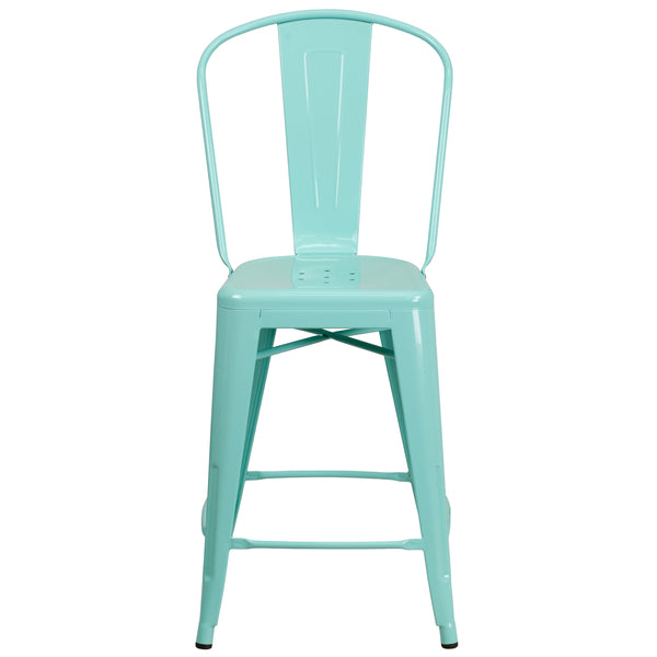 Mint Green |#| 24inch High Mint Green Metal Indoor-Outdoor Counter Height Stool with Back