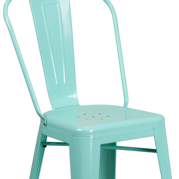 Mint Green |#| 24inch High Mint Green Metal Indoor-Outdoor Counter Height Stool with Back