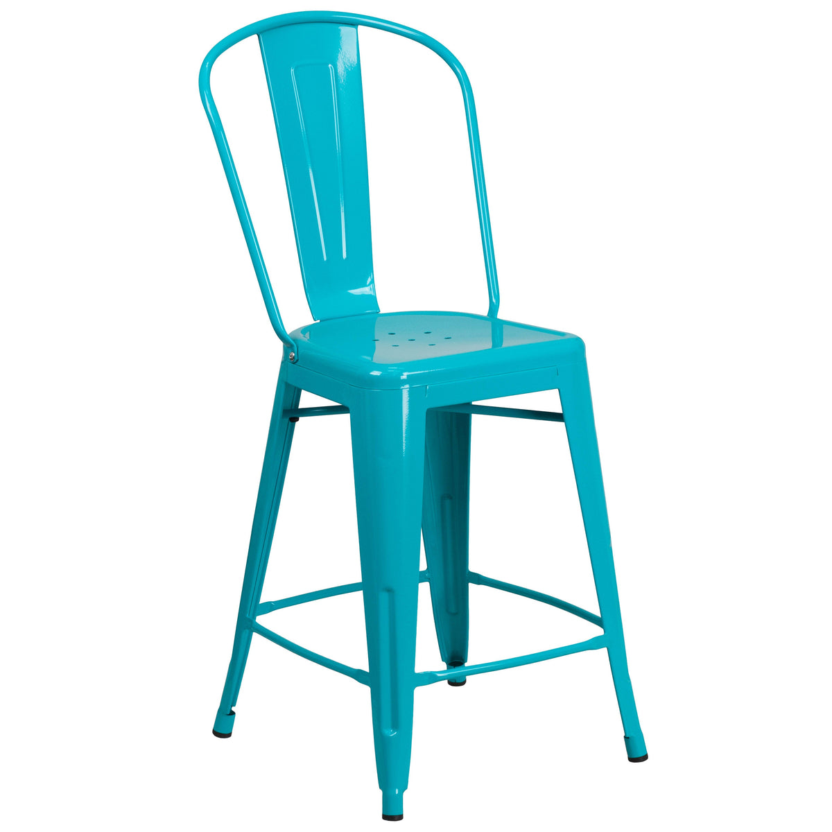 Crystal Teal-Blue |#| 24inch High Crystal Teal-Blue Metal Indoor-Outdoor Counter Height Stool with Back