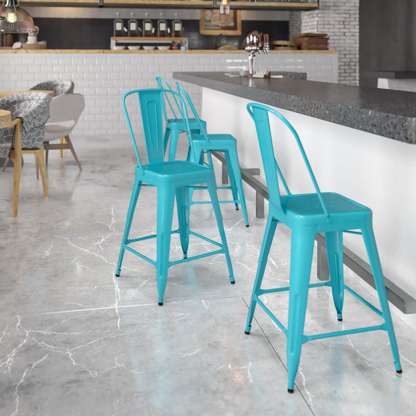 Crystal Teal-Blue |#| 24inch High Crystal Teal-Blue Metal Indoor-Outdoor Counter Height Stool with Back